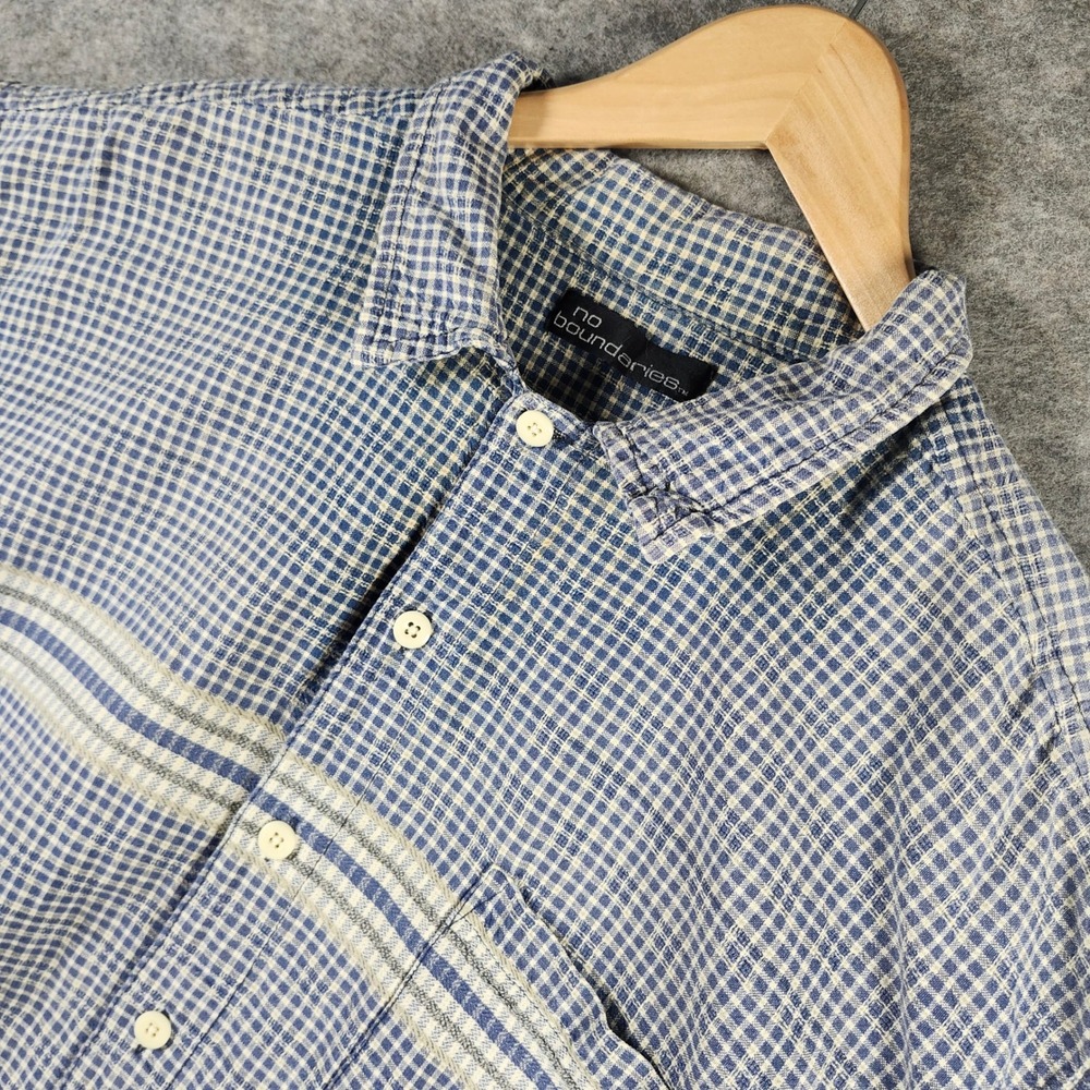 No Boundaries Button Up Shirt Men XL Navy Blue Plaid Short Sleeve Dadcore Casual